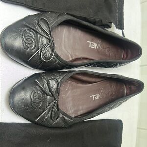 CHANEL Black Leather Loafers with Bow Detail